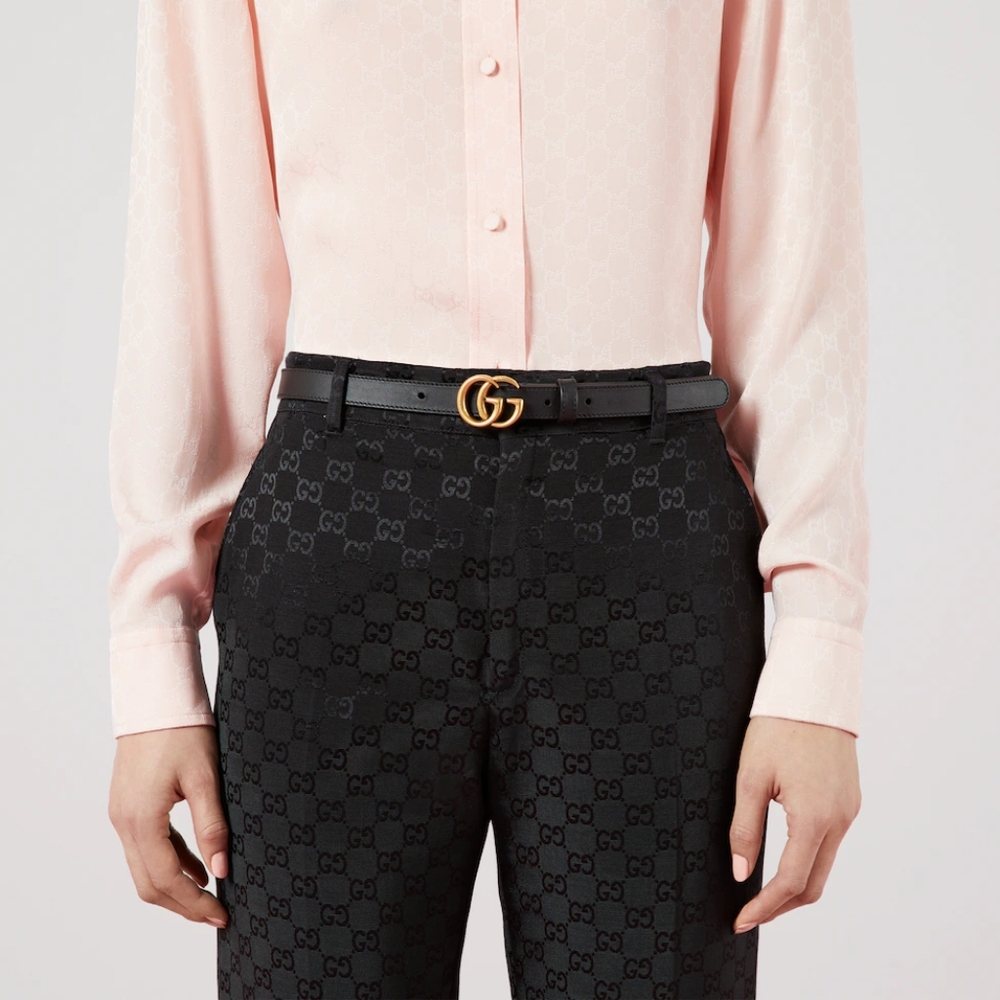 GUCCI 409417 Gucci Double G Marmont Slim Black Leather Belt